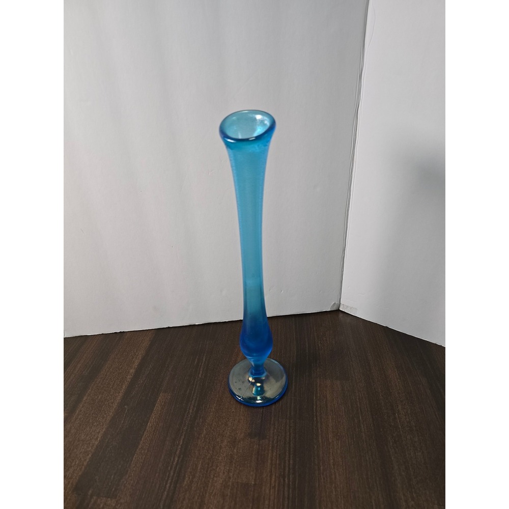Vintage Mid Century Modern Celeste Blue Stretch Glass Bud Vase
